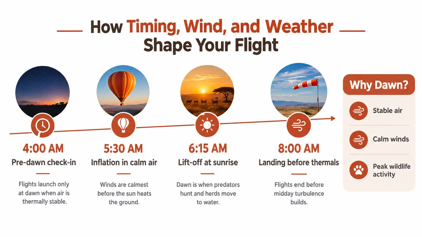 A timeline graphic showing the schedule and benefits of a morning hot air balloon safari in nature.