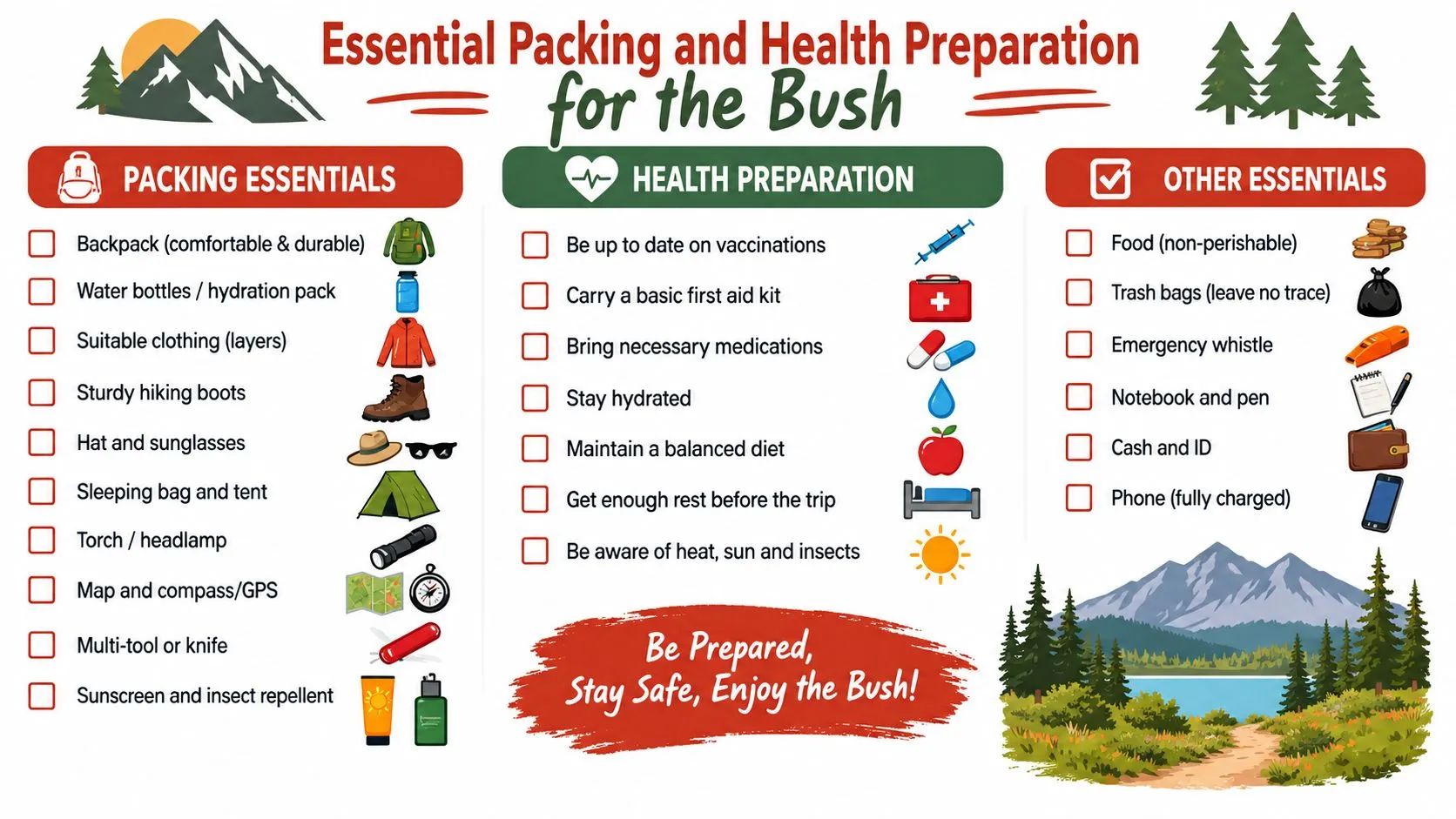 A checklist infographic titled Essential Packing and Health Preparation for the Bush, covering hiking and outdoor safety.