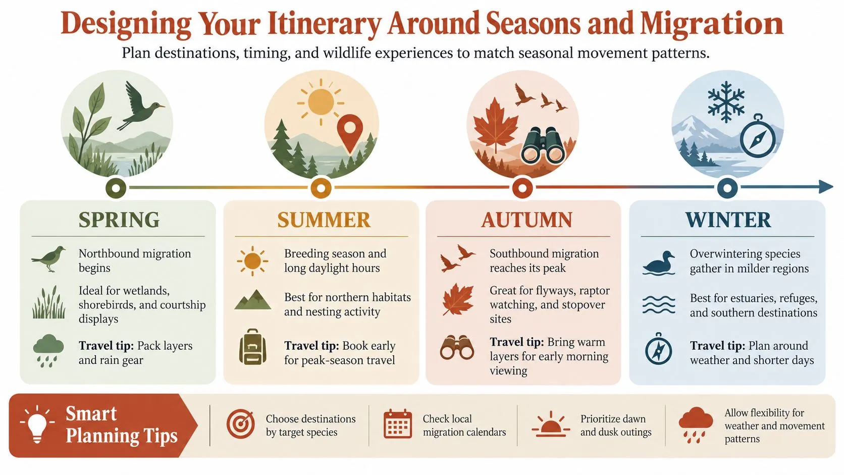 An infographic titled Designing Your Itinerary Around Seasons and Migration, illustrating seasonal wildlife travel planning tips.