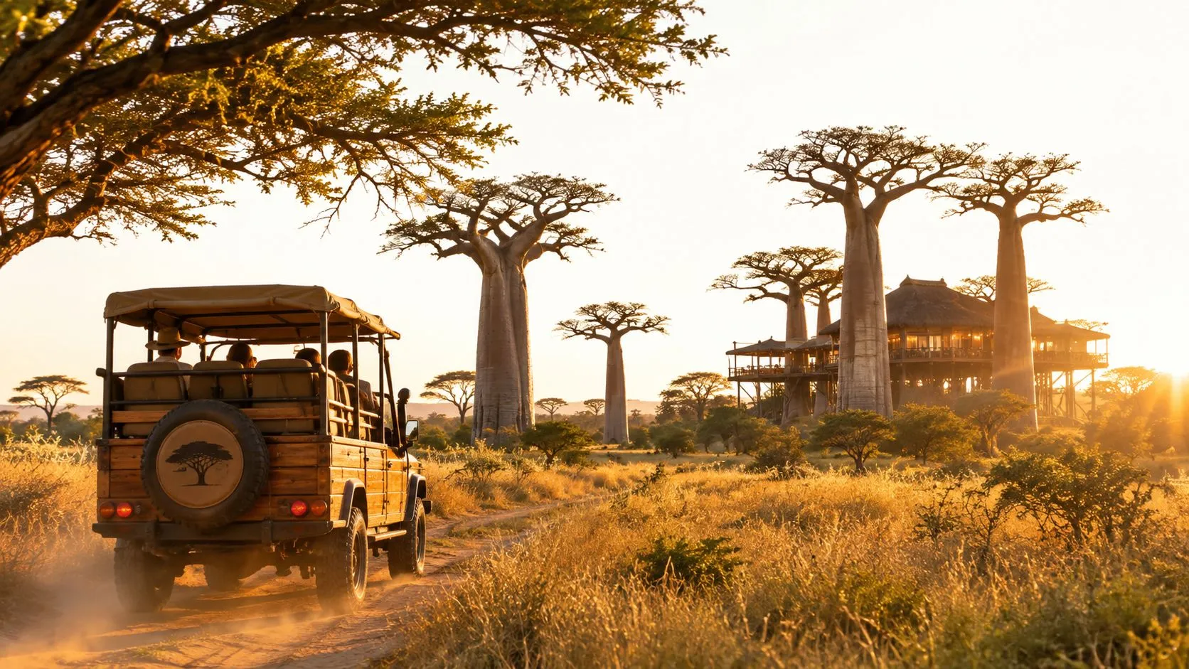 A safari vehicle driving towards a luxury treehouse lodge surrounded by majestic baobab trees at sunset.