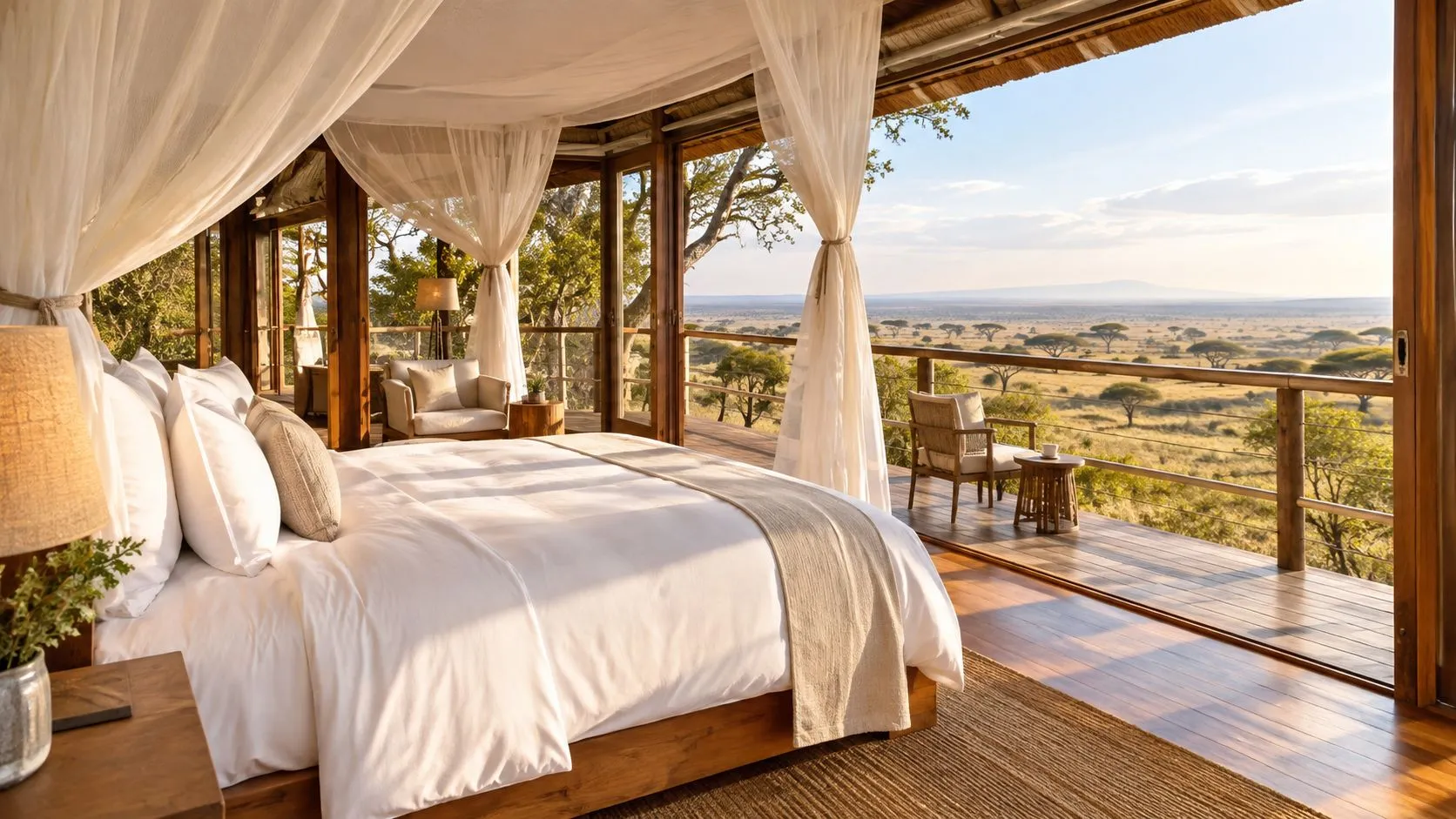 A luxurious safari tent bedroom in Tanzania with a canopy bed overlooking the vast savannah landscape.