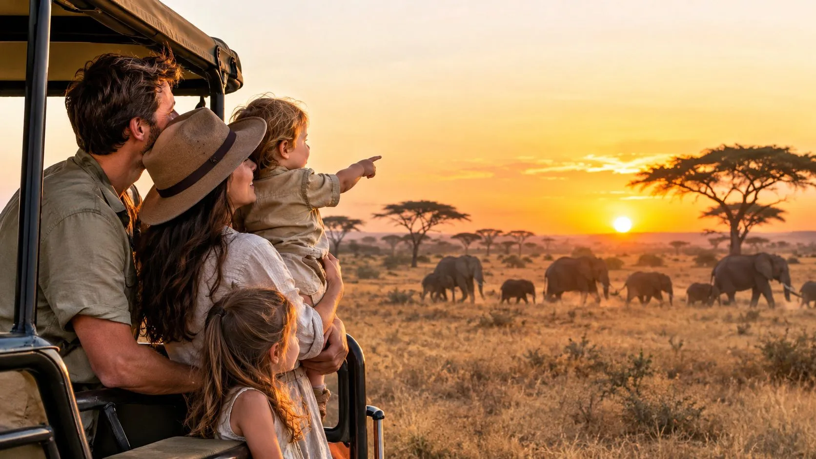 Una familia disfrutando de un safari panorámico al atardecer mientras observa elefantes en su hábitat natural desde un vehículo.