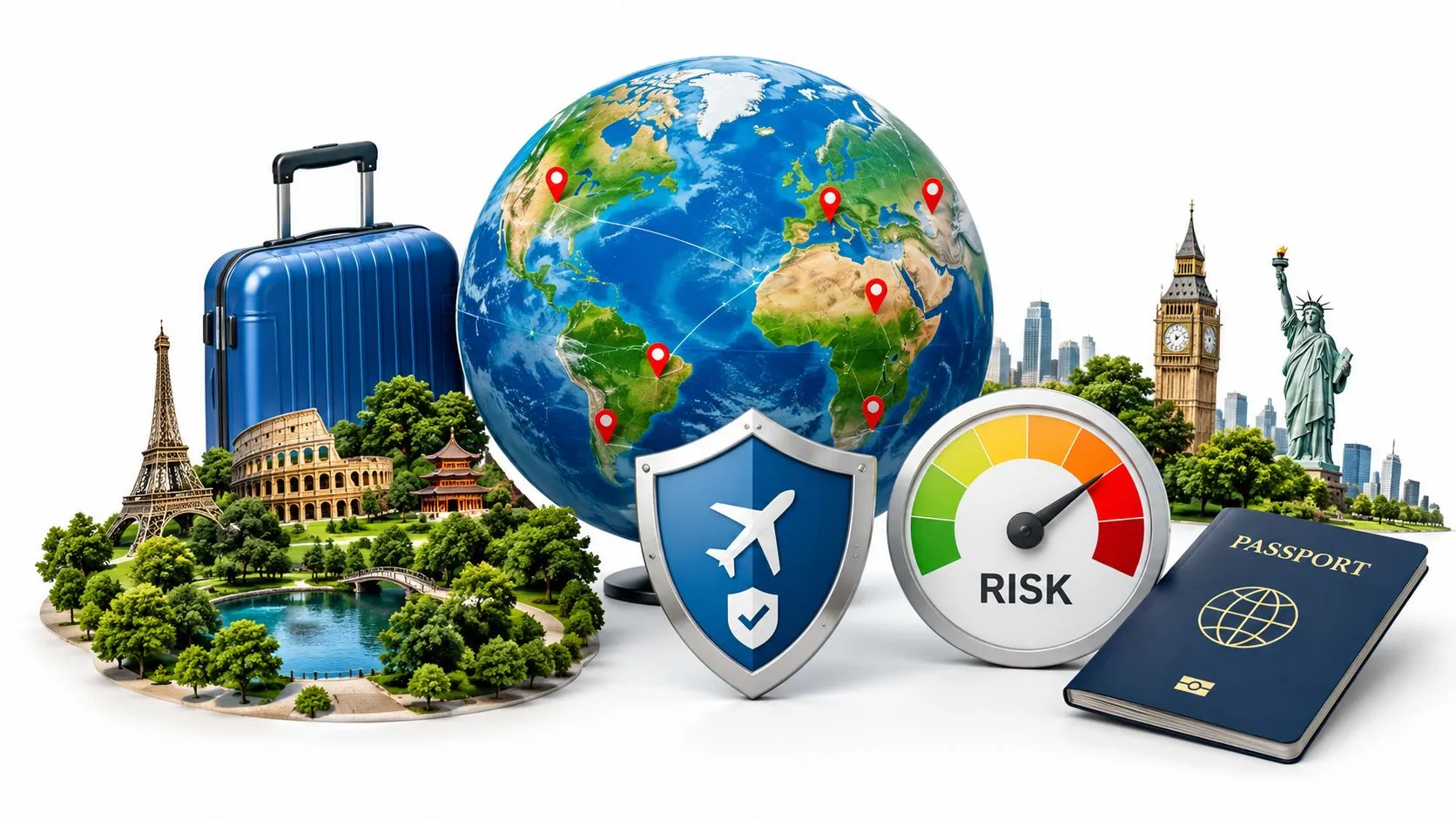 Concept de sécurité en voyage avec un globe, une valise, un passeport, des monuments et une jauge d’évaluation des risques.