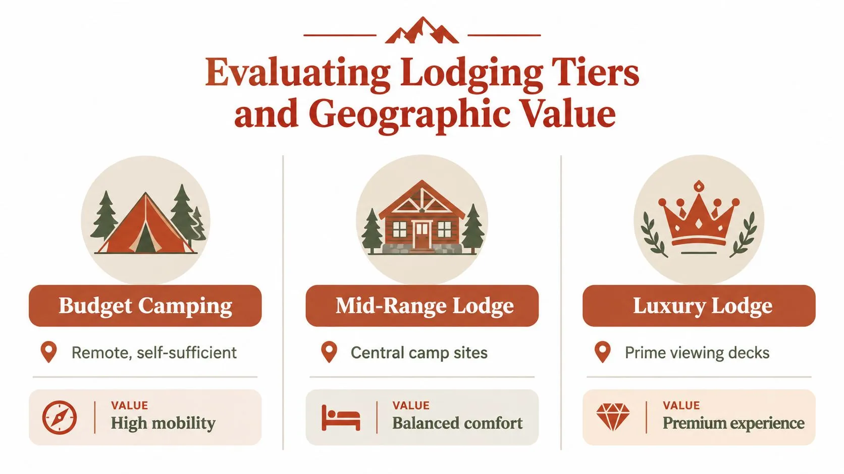 Un gráfico comparativo que muestra tres niveles de alojamiento para un safari: camping económico, lodge de gama media y lodge de lujo.