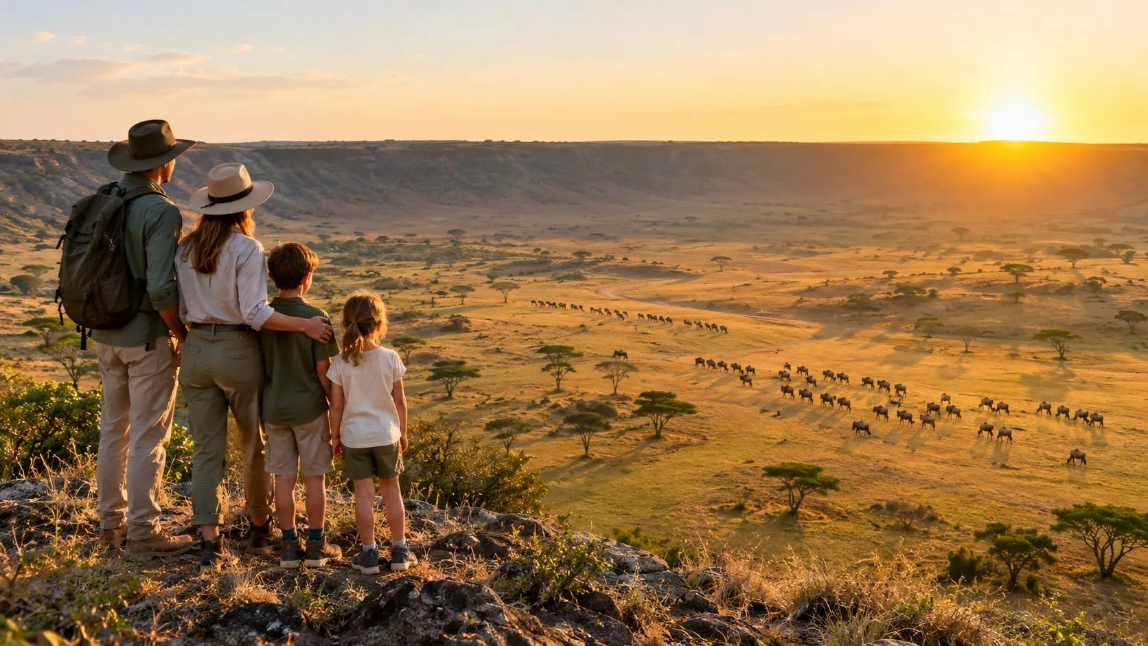 Una familia de cuatro se encuentra en un acantilado con vistas al vasto Cráter del Ngorongoro durante un atardecer dorado.