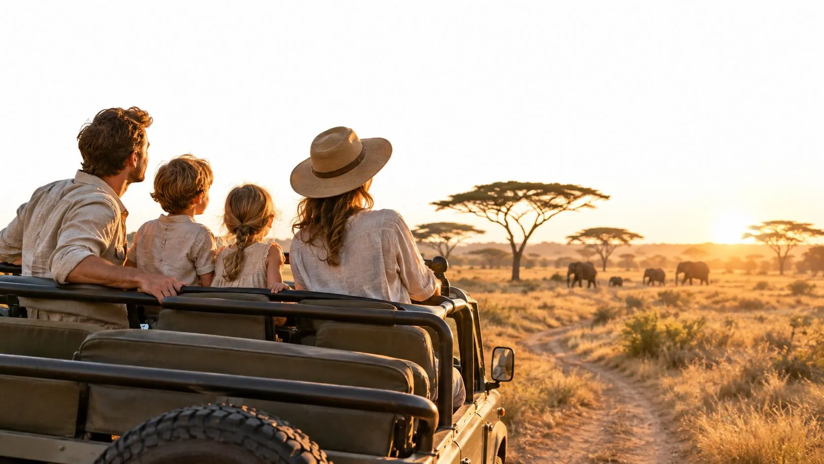 A family on a wildlife safari tour in an open vehicle watching elephants at sunset in Africa.