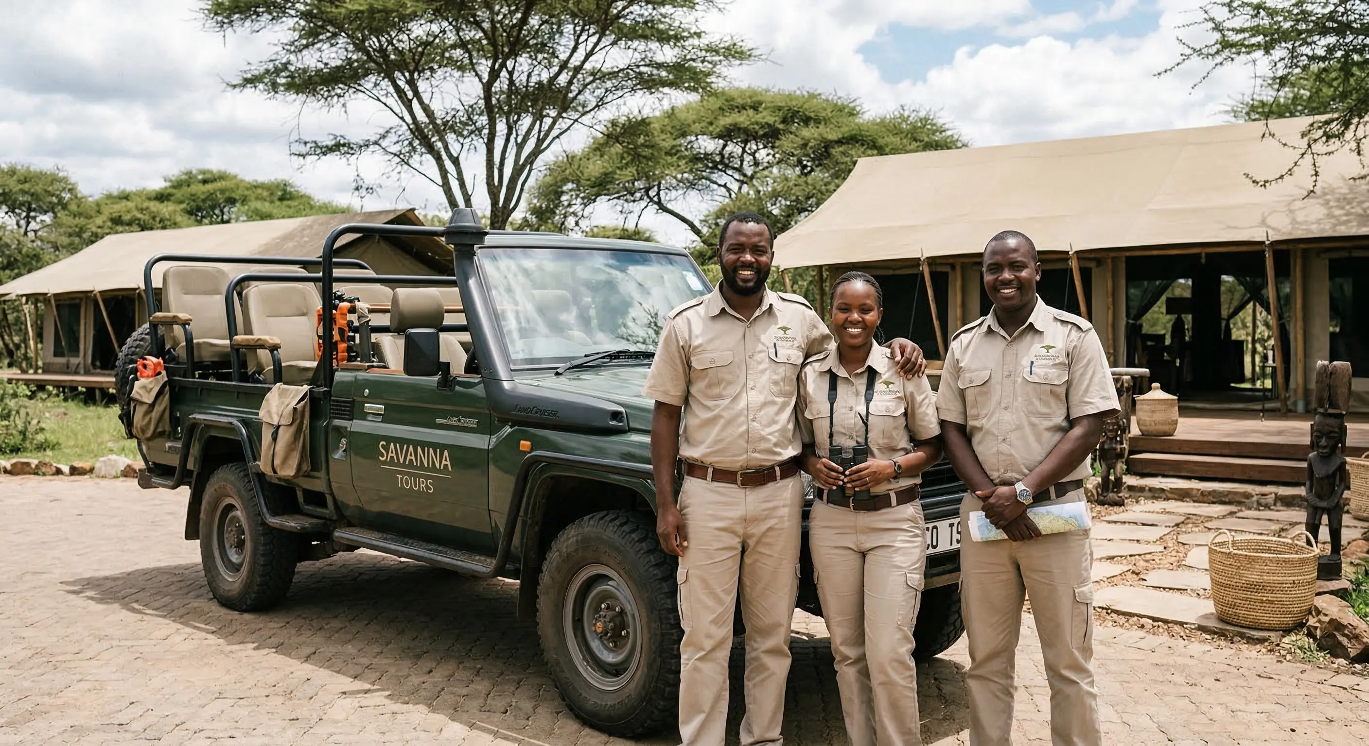 Branded safari vehicle and guide team portrait at camp