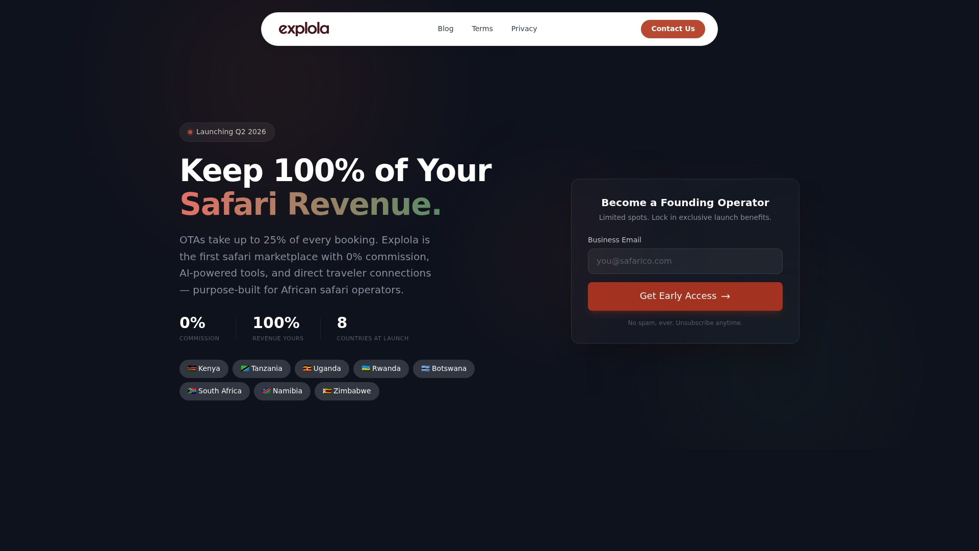 Explola founding operator landing page.