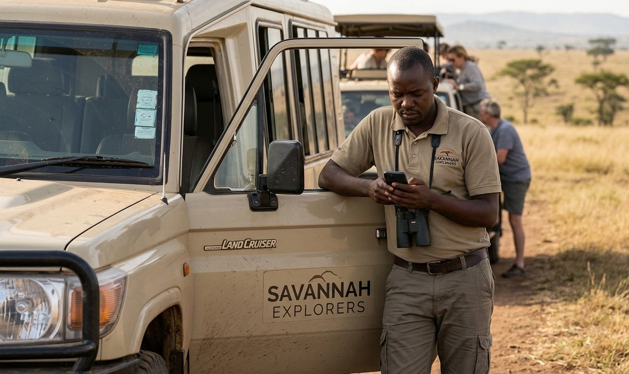Safari operator reviewing a guest itinerary on a phone beside a 4x4 vehicle