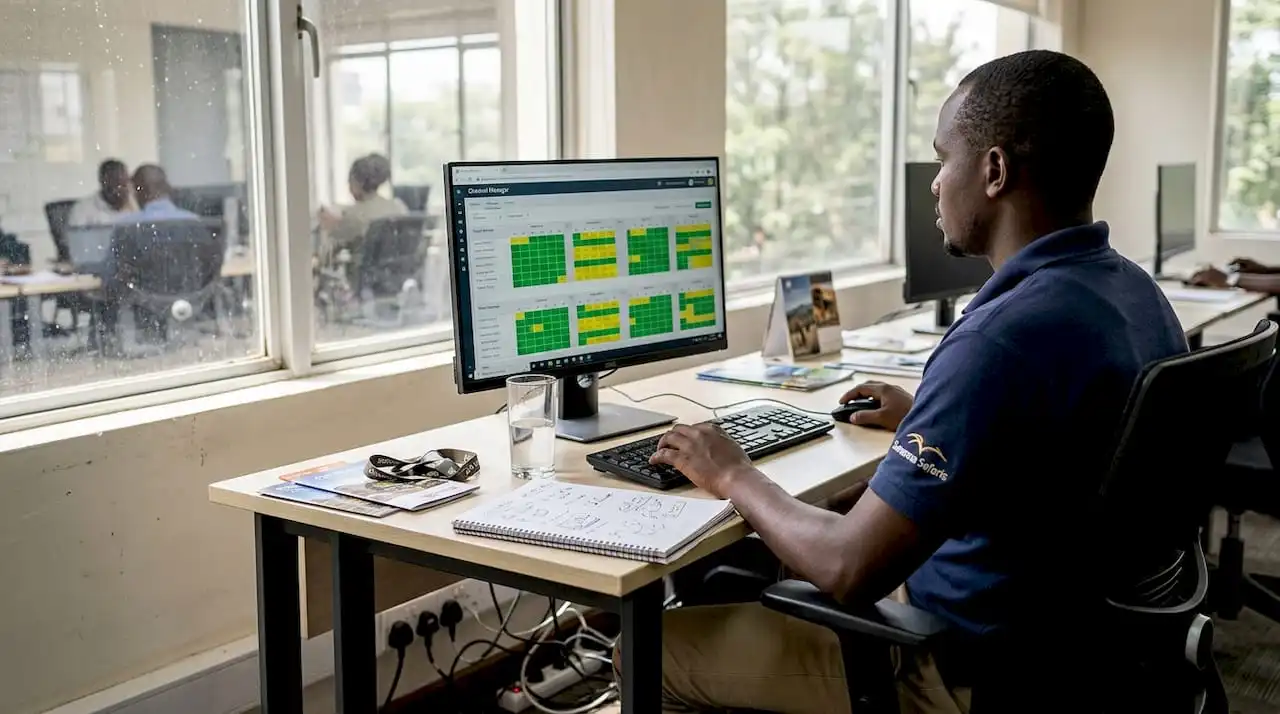 Employé utilisant le tableau de bord d’un channel manager safari.