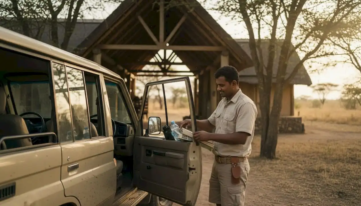 Tour guide standing next to a safari vehicle.