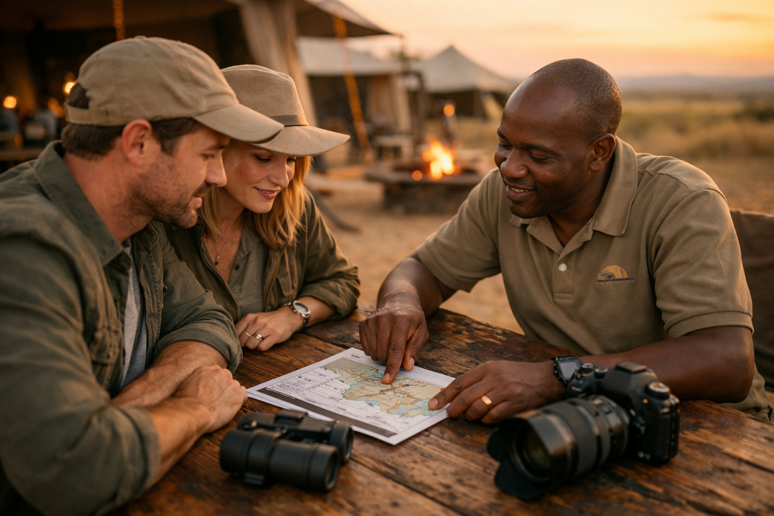 Explola safari partner guide reviewing safari route with tourists