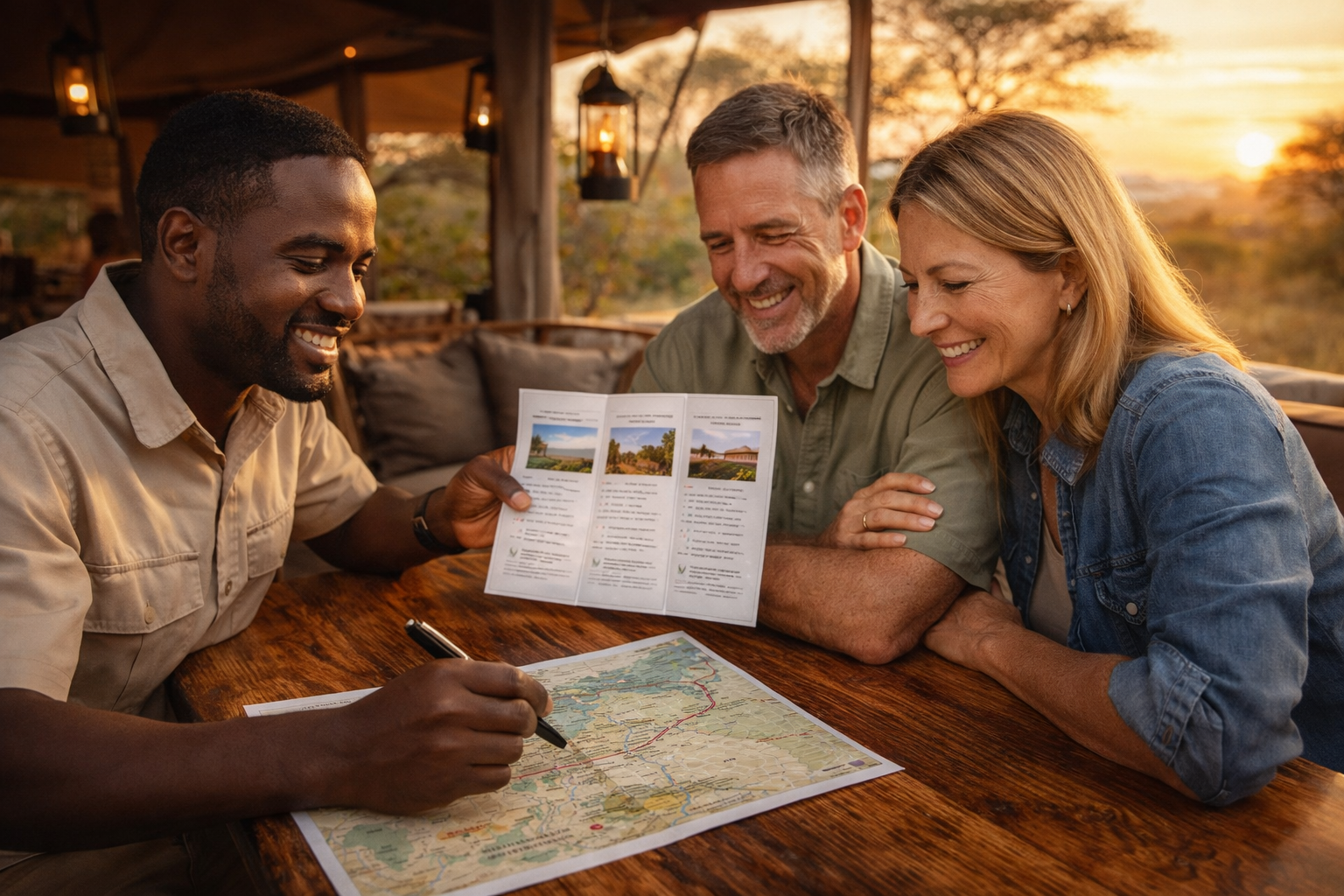 Guide and guests reviewing an itinerary at camp with printed map