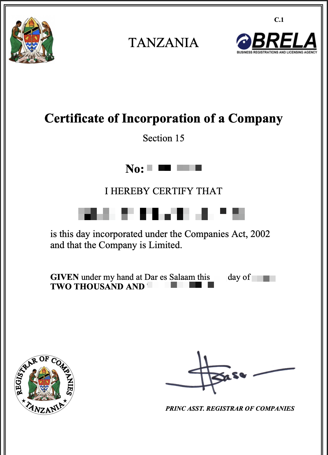 Tanzania Business Certificate of Incorporation - Explola