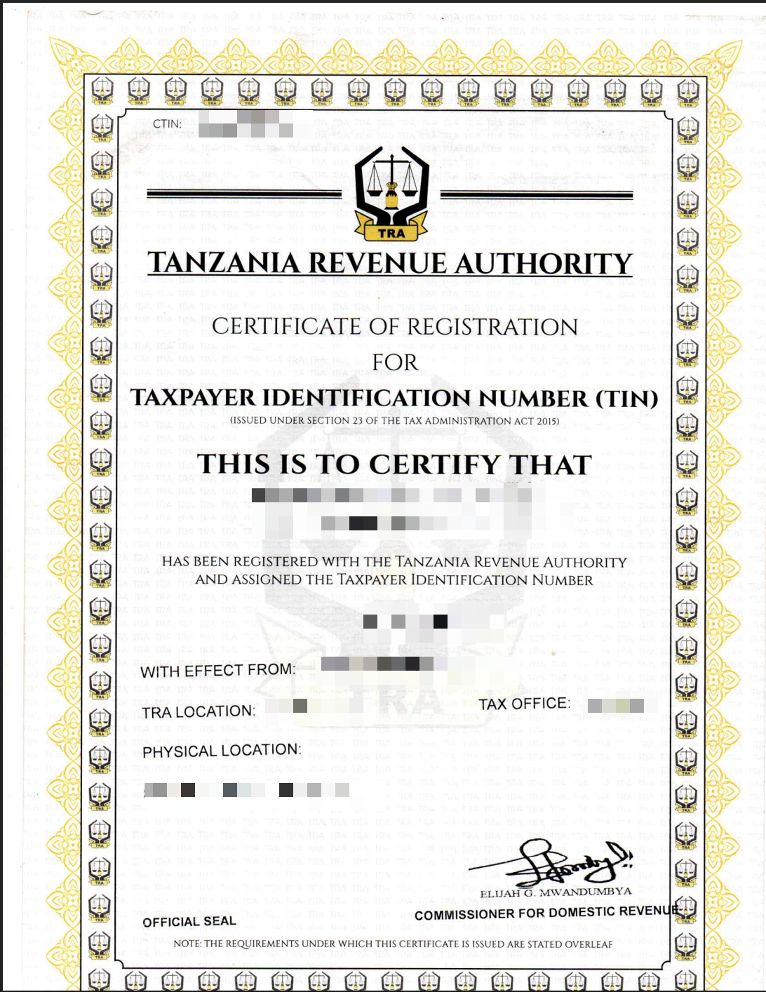 TRA Tax Identification Number registration certificate - Explola