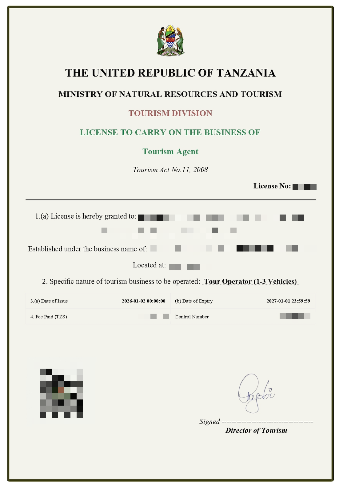Tanzania TTLB Tourism License Example - Explola