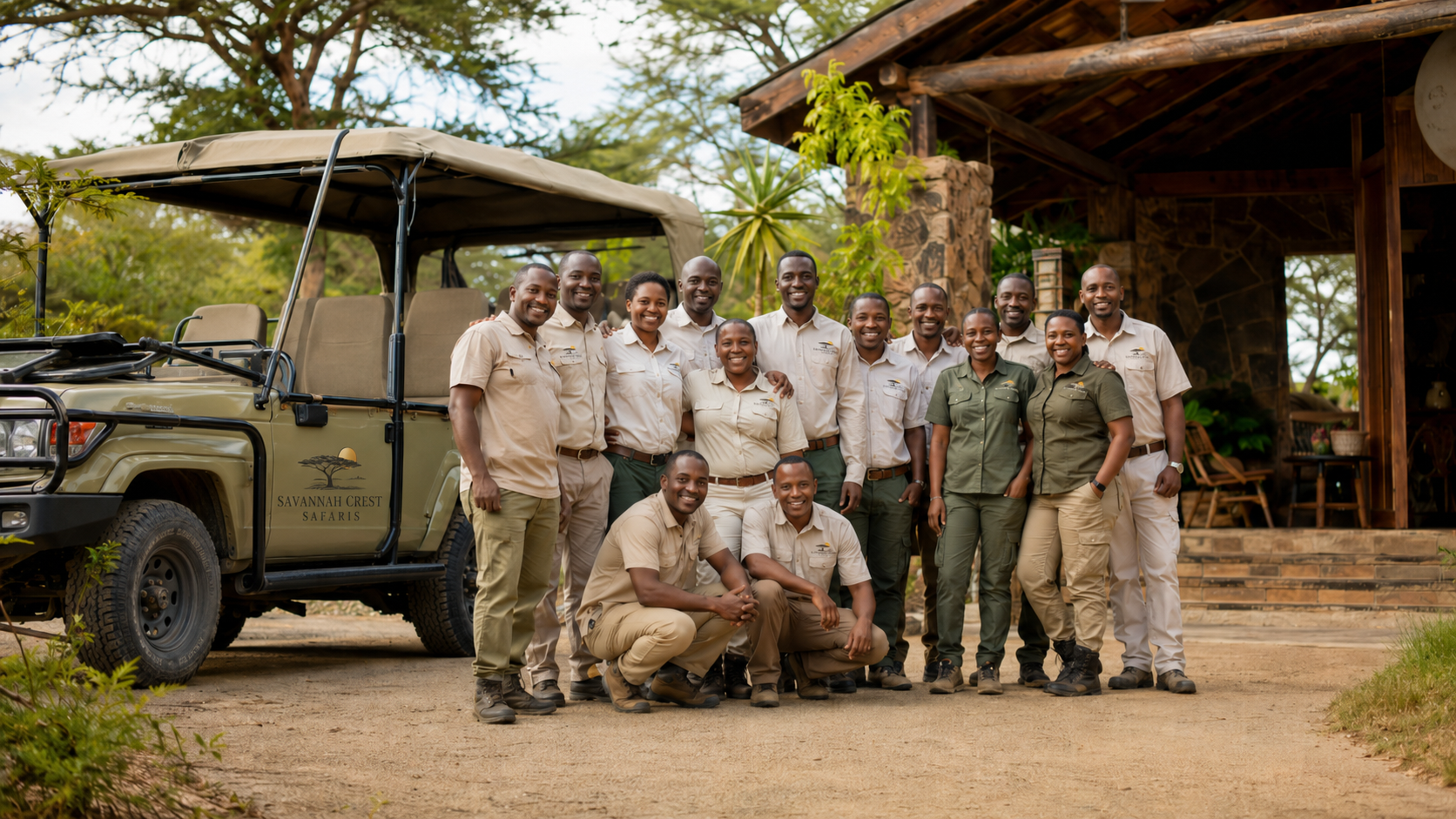 Larger team: full crew at the lodge with a branded vehicle in frame.