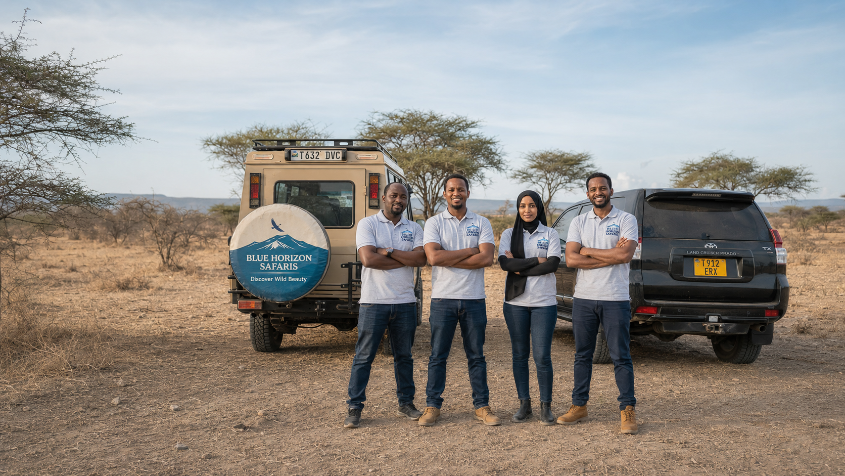 Safari operator: team in matching shirts with branded vehicles, on location