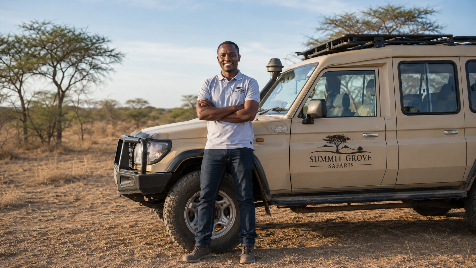 Smaller team: operator standing next to a safari vehicle.